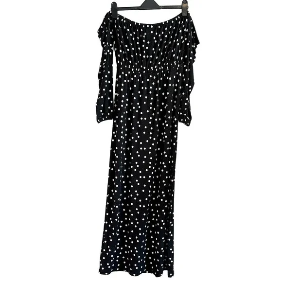 ASOS Bardot Polka Dot Off Shoulder Long Sleeve Maxi Dress Size 6 - Picture 3 of 10